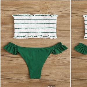 Smocked Bandeau Bikini Ruffle Green Bottoms SHEIN